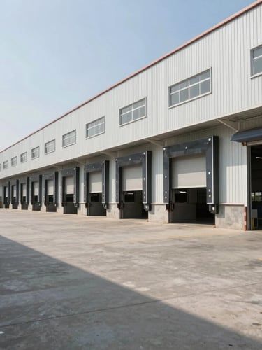 Wide-angle architectural exterior of a modern pre-engineered industrial warehouse with multiple loading docks in Savli, bright daylight, clean concrete driveway, negative space on the left