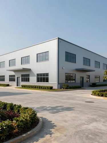 Wide-angle architectural exterior of a modern pre-engineered building industrial facility under clear daylight, sharp concrete driveway, corporate landscaping.