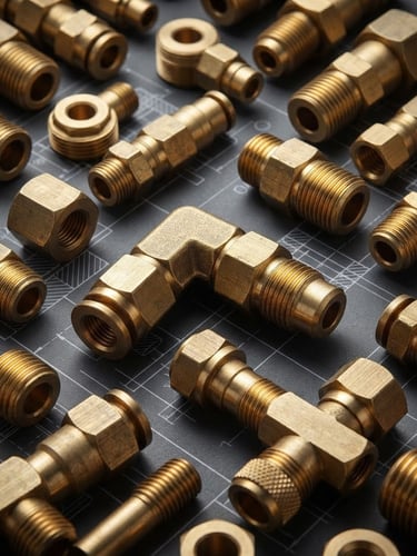 Sharp studio product photography of brass pneumatic fittings on a clean dark gray blueprint background, high-contrast industrial lighting, macro lens
