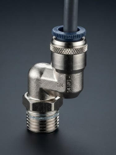 Sharp technical studio product photography of a nickel-plated brass pneumatic fitting, high-contrast industrial lighting, isolated on a clean dark slate gray background