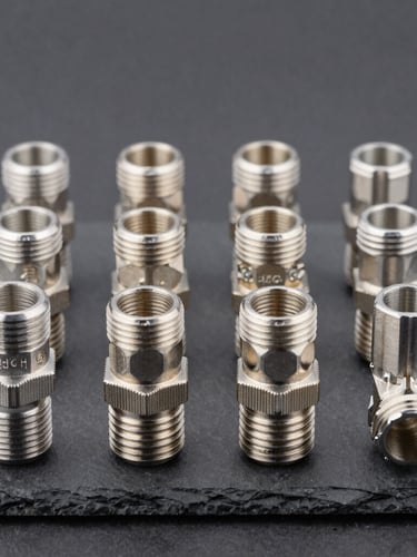 Straight-on technical studio shot of nickel-plated pneumatic elbows and connectors arranged neatly on a dark slate surface, sharp industrial lighting