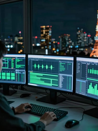 A close-up over-the-shoulder shot of a modern workspace in a high-rise office overlooking Tokyo at night, multiple monitors showing green analytics charts, cool blue and green ambient lighting.