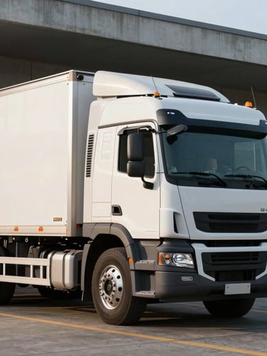 A close-up of a professional heavy-duty truck parked at a modern concrete loading dock in Costa Rica, secure dry cargo doors visible, crisp morning lighting