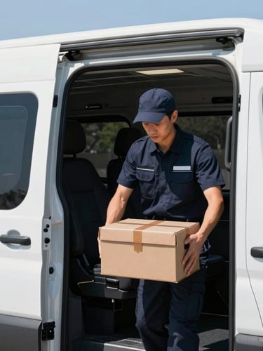 A professional courier in a crisp dark uniform securing a high-value lockbox inside a modern transport vehicle, sharp commercial photography, bright morning daylight