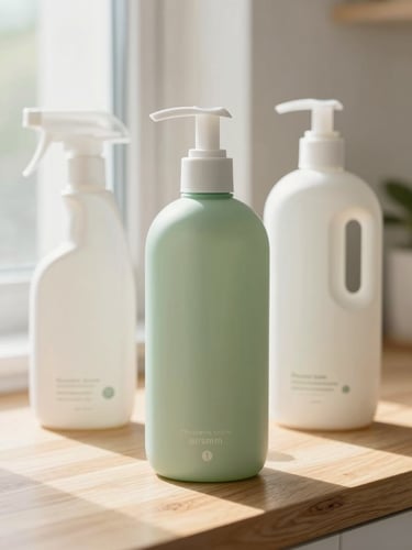 Close-up of eco-friendly cleaning bottles on a clean wooden countertop, soft morning sun, bright interior photography
