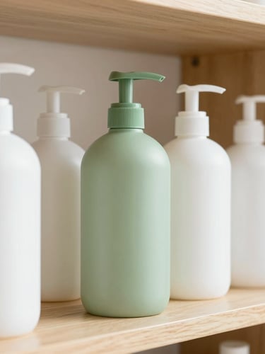 Close-up of eco-friendly cleaning bottles on a clean wooden shelf, soft daylight, warm minimalist home interior, 35mm