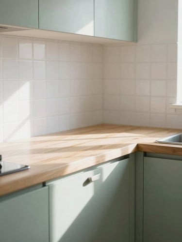 A bright, sunlit kitchen with a wooden countertop, soft morning light reflecting off clean tiles, natural sage green accents, 35mm photography