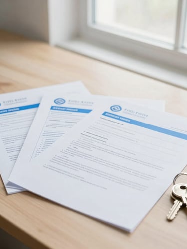 Neatly organized property documents and a set of keys on a bright wooden desk, soft natural window light, professional photography