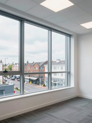 Wide environmental shot of a clean, modern office interior on Wood Green High Road, natural window light, professional and welcoming atmosphere, 35mm lens