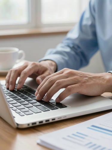 A close-up of hands typing on a laptop next to neatly organized documents and a ceramic coffee cup on a wooden desk, soft natural window light.