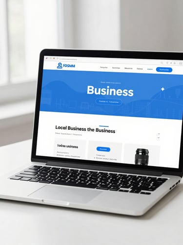 A bright, clean modern laptop showing a professional local business website mockup, soft blue tones, natural window light, 35mm lens