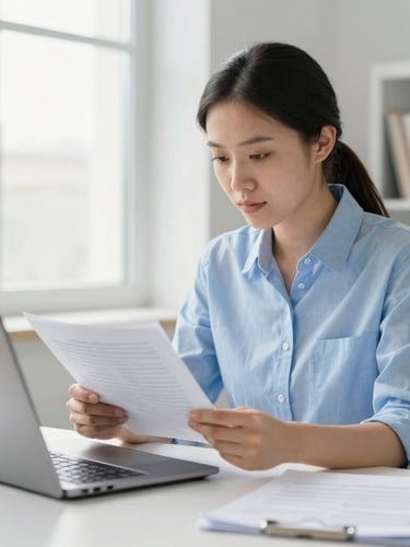 A professional translator reviewing a printed document alongside a laptop, warm natural window light, focused and calm atmosphere
