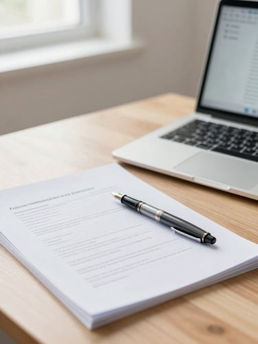 A close-up of a neat wooden desk with official documents, a fountain pen, and a laptop showing a clean interface, soft morning light from a window