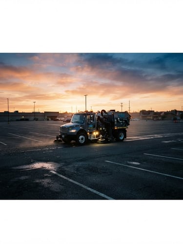Wide panoramic shot of a heavy-duty regenerative air sweeper truck operating on a commercial parking lot at dawn, high-contrast, safety yellow accents, low horizon, expansive sky, 35mm