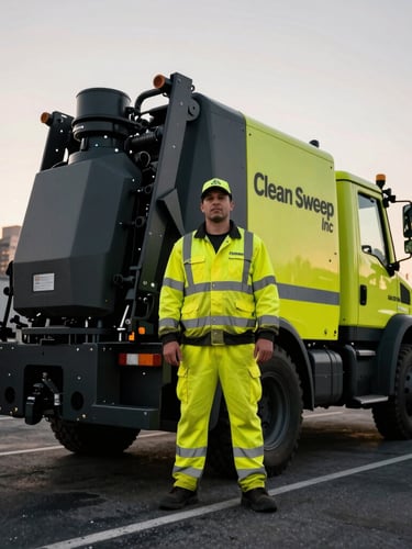 Low-angle heroic shot of a Clean Sweep Inc team member in high-visibility safety gear, standing confidently beside a specialized regenerative air sweeper truck at dawn in a commercial parking lot, Nashville skyline in background, high-contrast charcoal and safety yellow tones, sharp focus.