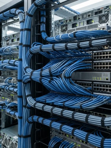 Close-up of meticulously organized structured cabling in a server rack, crisp commercial photography, cool blue tones, sharp focus, bright functional lighting.