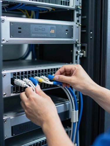 Portrait shot of a JM Solutions Inc. technician meticulously organizing structured cabling within a server rack, crisp, cool-toned functional lighting, close-up of hands, sharp focus.