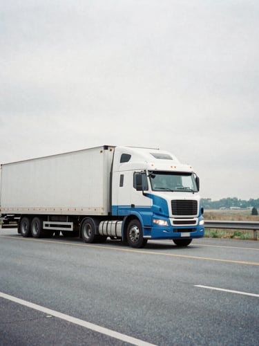 Wide-angle environmental shot of a clean blue-and-white semi-truck traveling on a regional highway under overcast morning light, 35mm film style