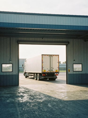 Active loading dock interior with high-bay racking, crisp morning light streaming through open dock doors, semi-truck backed up to the bay, 35mm film style