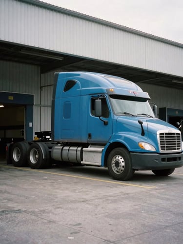A tight crop of a clean blue semi-truck at an active warehouse loading dock in overcast morning light, industrial documentary style.