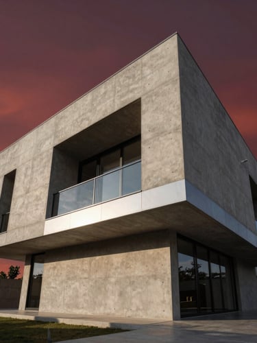 Low-angle heroic perspective of a massive minimalist concrete and glass villa in Abuja at dusk, deep crimson twilight sky, sharp geometric shadows, polished steel accents.