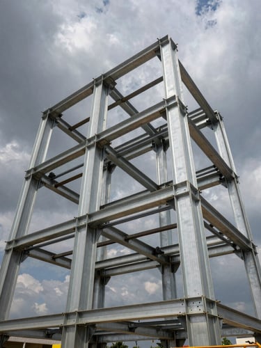 Low-angle heroic shot of massive steel modular frames being assembled under a dramatic steel-grey sky in Abuja, sharp contrast, architectural precision.
