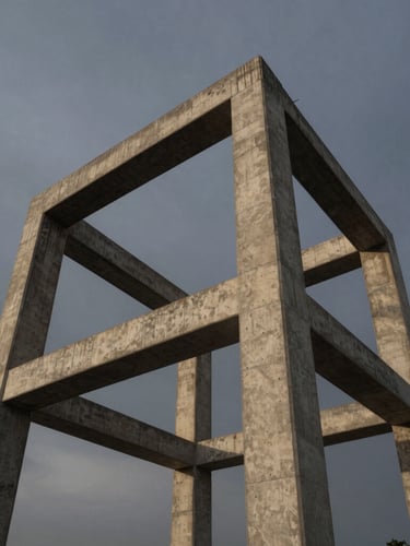Low-angle architectural perspective of a massive concrete and steel structural frame in Abuja under a dramatic steel-grey dusk sky, high-contrast shadows emphasizing structural form.
