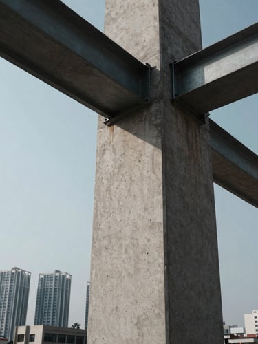Low-angle heroic perspective of a massive raw concrete column meeting a steel beam, high-contrast shadows, sharp architectural lines, Abuja skyline in a cool steel-grey tone in the background.