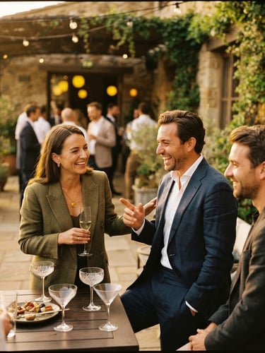 Cinematic warm-toned editorial photograph of well-dressed professionals laughing and socializing in the sunlit outdoor patio of SV Lounge, golden-hour daylight, shallow depth of field, 35mm film