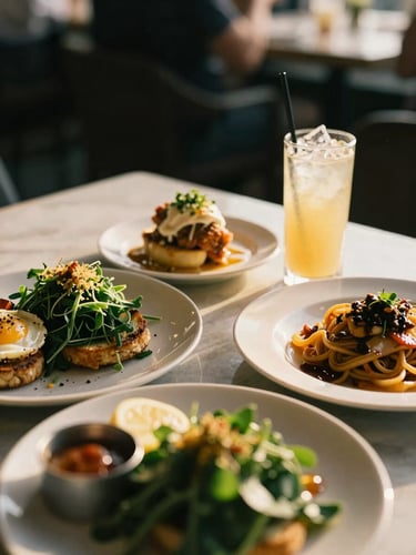 Close-up of premium brunch dishes and craft cocktails on a sunlit table, warm golden-hour afternoon sun, shallow depth of field, 35mm film