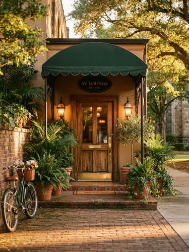 Cinematic warm-toned editorial shot of SV Lounge entrance in Tallahassee, golden hour sun casting soft shadows on the elegant doorway, 35mm film