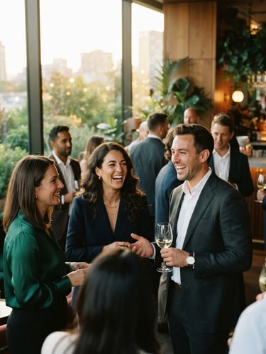 Cinematic warm-toned photo of well-dressed professionals laughing and socializing in natural daylight at SV Lounge, shallow depth of field, 35mm film