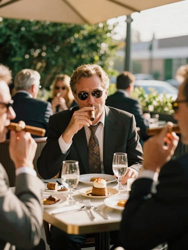 Well-dressed guests enjoying premium cigars in an upscale outdoor lounge, warm afternoon sun, shallow depth of field, 35mm film
