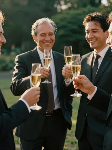 Candid medium shot of sophisticated professionals laughing and raising champagne glasses, warm golden-hour daylight, rich deep green and gold tones, 35mm film