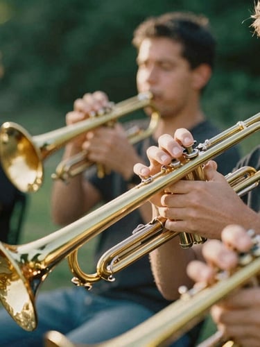 Medium close-up of a live jazz band playing brass instruments in soft natural daylight, warm golden tones, shallow depth of field.