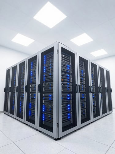 Bright high-key technology photography of a modern server room with clean electric blue LED indicators, crisp daylight pouring in, wide-angle architectural lens