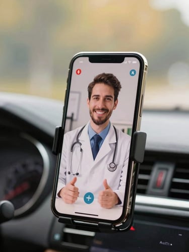 A close-up of a smartphone mounted on a car dashboard showing a friendly doctor on a video call, warm interior car daylight, shallow depth of field.