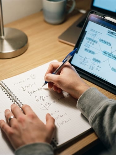 Close-up of a student's hands writing a physics derivation in a clean notebook under soft desk-lamp light, a tablet showing a structured mind map nearby, 35mm photograph