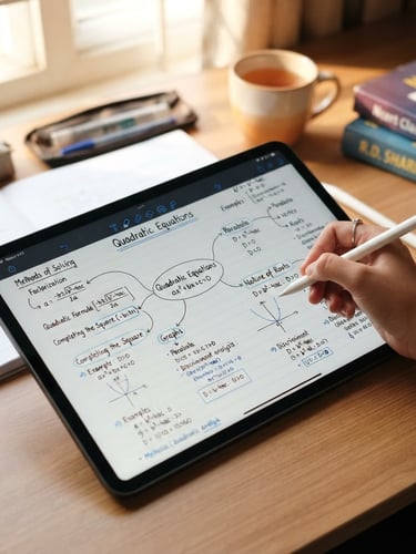 A close-up shot of a Class 10 student's desk under warm light, focusing on a tablet displaying structured mathematics mind maps and clean handwritten notes, 35mm, shallow depth of field