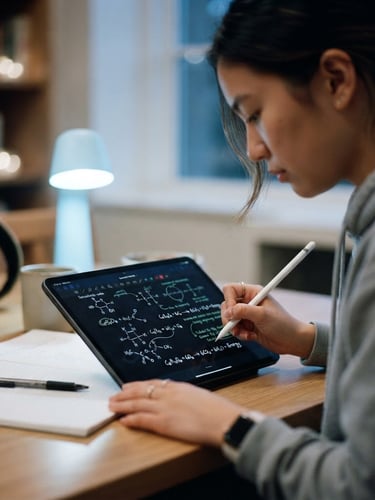 Close-up shot of a high school student using a tablet with structured chemistry notes visible, soft blue desk light, shallow depth of field, 35mm