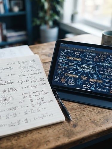 A high-contrast, clean close-up of a student's notebook with hand-written physics derivations and a digital tablet showing a structured mind map, soft warm desk light, blue tones.