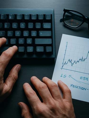 Close overhead shot of a mentor's hands on a mechanical keyboard, a printed chart with handwritten position-sizing notes beside the keyboard, a live trading terminal screen reflected in reading glasses resting on the desk, cool studio lighting, sharp detail on annotations