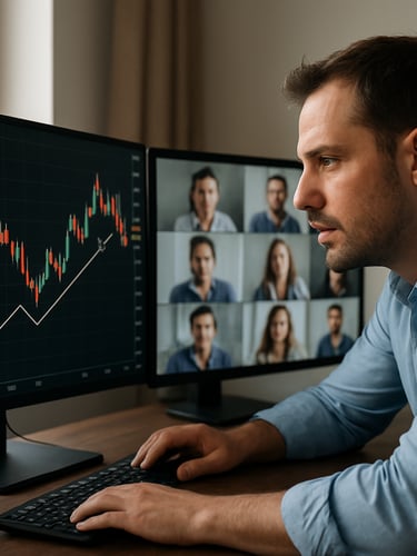 Medium shot of a mentor leaning toward a dual-monitor setup during an active teaching session, one screen showing a live Forex chart with annotations, other screen showing a video call grid, daylight from a window to the left, focused expression, no styled background
