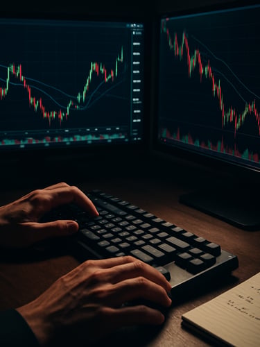 Close-up wide shot of dual trading monitors displaying live Forex charts with candlestick data, a trader's hands resting on a mechanical keyboard mid-keystroke, overhead studio lighting casting sharp shadows on the desk, screen glow reflecting off a notepad with handwritten position notes, dark workspace environment