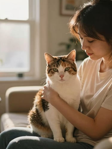 A volunteer gently cradling a calm calico cat in a cozy living room, soft golden hour light streaming through a window, warm domestic setting, 35mm editorial photography
