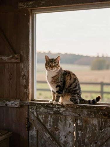 A spirited farm cat perched on a weathered wooden barn door, soft morning light, rustic farm setting in the Wisconsin driftless hills, warm editorial photography