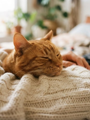 A close-up of a warm orange cat resting its chin on a soft cream knit sweater, soft natural window light, shallow depth of field, 35mm editorial photography.