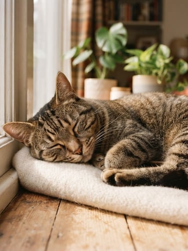 Eye-level close-up of a relaxed tabby cat lounging in a sunny window, soft natural light, warm domestic living room setting, shallow depth of field, 35mm photography