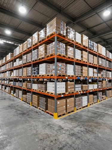 Wide-angle environmental shot of a massive, highly organized logistics warehouse interior, cool-toned bright industrial lighting, clean concrete floor, geometric rows of shelves.