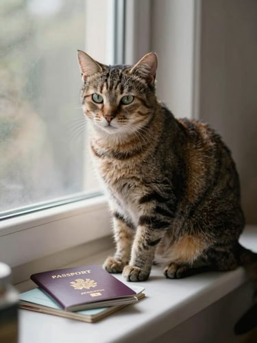 A calm cat sitting by a sunlit window next to a passport and travel documents, soft natural lighting, elegant atmosphere.